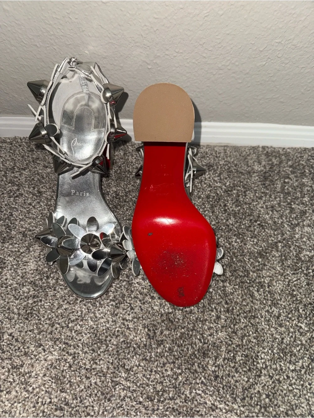 Christian Louboutin Silver Floral Spike Ankle-Strap Heels